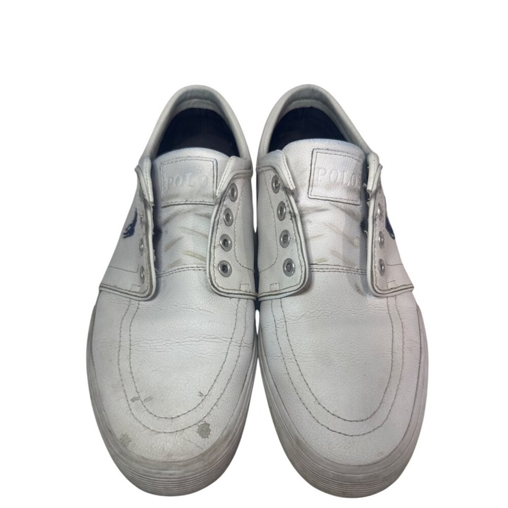 Polo Ralph Lauren Mens Sneakers Sz 11D White Leather Navy Blue Pony Logo Classic